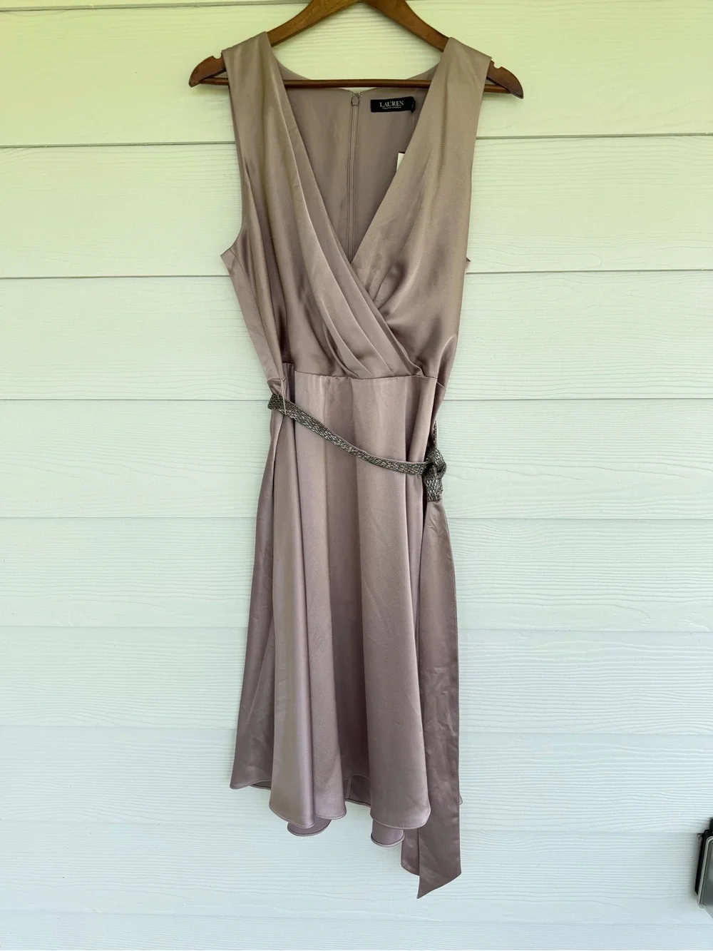 NWT Lauren Ralph Lauren Dress Size 16 Mauve Satin Faux Wrap Midi Beaded Belt - Picture 2 of 11